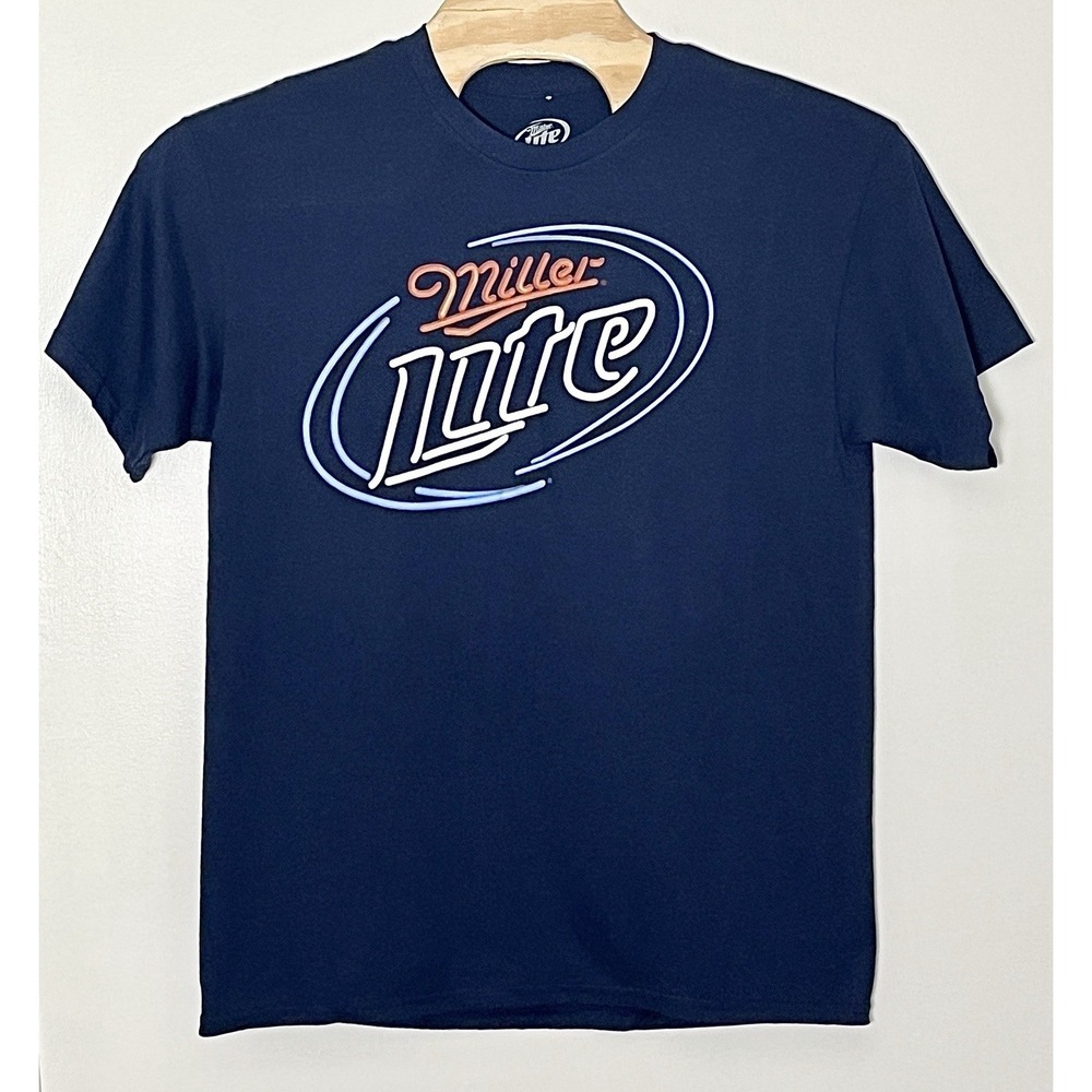 Miller Lite T-Shirt Men's Large Navy Blue Beer Neon Light Novelty‎ Promo Humor